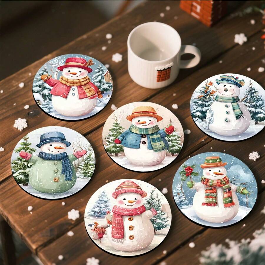 1 set/4 piezas/6 piezas/300 piezas Posavasos de barro de diatomeas con estampado de muñeco de nieve, adecuados para el hogar, cafetería, merienda, decoración de restaurantes, fiestas temáticas, decoración diaria y pueden ser entregados como regalos de Navidad
