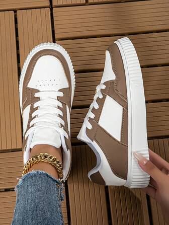 女士时尚休闲运动鞋低帮系带透气拼色运动鞋，轻便舒适滑板鞋