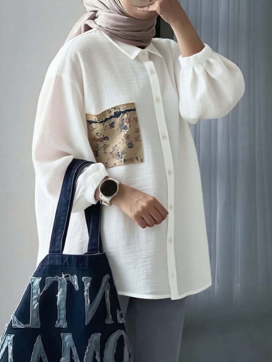 Elegant Women's Dignified White Button-Up Top, Bishop Long Sleeves, Shirt Collar, White Shirt, High-Quality Cotton And Linen Women's Blouse - White - View 1