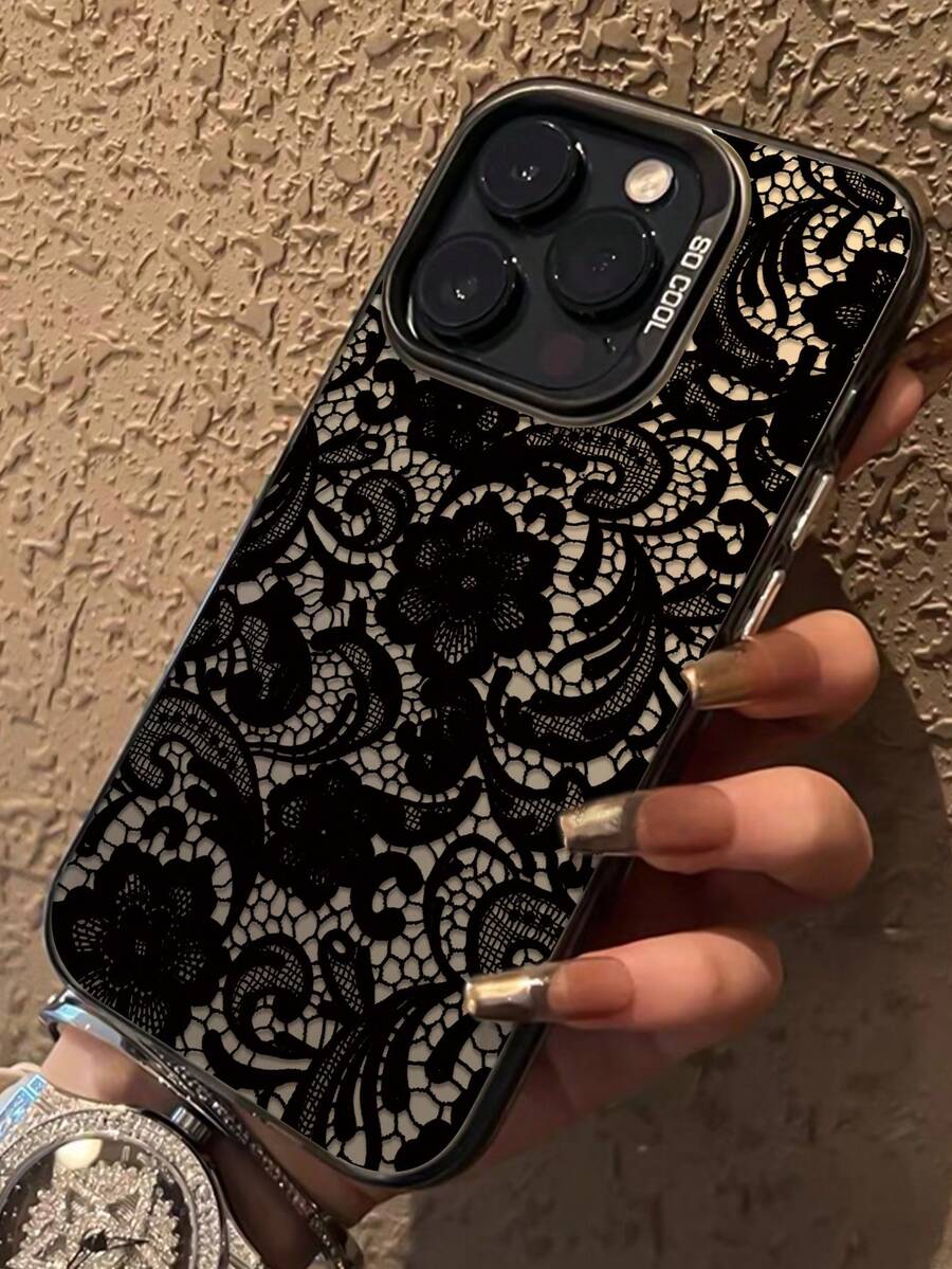 1pc Fashionable Personalized Lace Flower Printed Pattern With Independent Button IMD Anti-Fall Anti-Slip Black Phone Case Compatible With IPhone 16 ProMax/16/16 Pro/16 Plus/15/15 ProMax/15 Pro/11/12/13/14 ProMax/11 Pro/11 ProMax/12 Pro/12 ProMax/13 Pro/13 ProMax/14 Pro/14 ProMax, Creative High-End - Multicolor - View 1