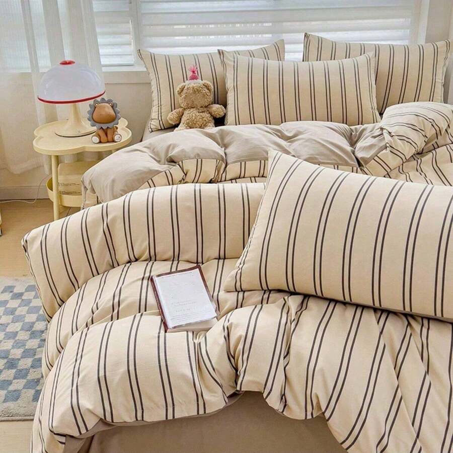 4 件套简约条纹印花羽绒被套装（1 个羽绒被套、1 个床单、2 个枕套、无填充物），简约卧室床上用品套装，可水洗，万圣节礼物 - 彩色 - 查看 1