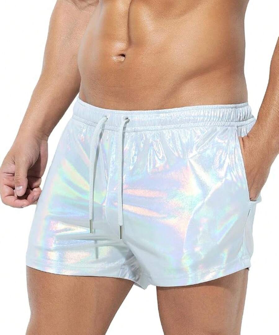 Men's Holographic Metallic Short Sparkly Shiny Short Pants Rave Outfit Hot Shorts With Pockets And Drawstrings - A1-bạc-ck3118 - Xem 1