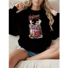Women'S Cozy Long Sleeve Sweatshirt With Playful Cartoon Design - "Nightmare Before Christmas" Inspired, Black Casual Pullover For Fall/Winter, Comfortable Polyester Blend, Casual Wear|Playful Graphic|Comfortable Fit - 黑色 - 查看 1