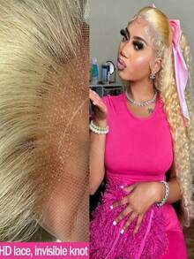 613 180 Density Kinky Curly Human Hair Wig With Baby Hair 13x4 HD Transparent Deep Wave Lace Front Wigs Human Hair Pre Plucked Bleached Knots Brazilian Virgin Blonde Glueless Wigs For Women 38inch - 金色 - 查看 3