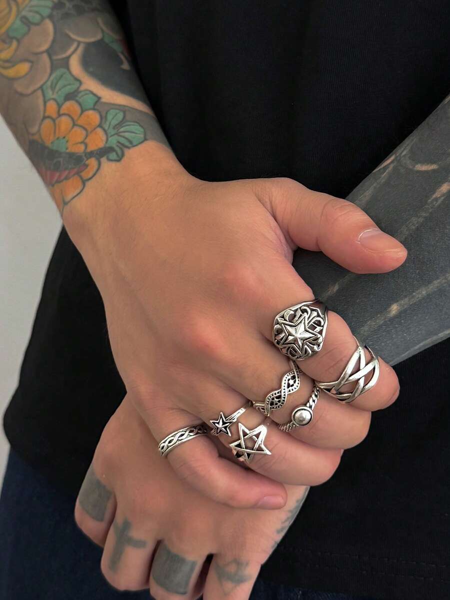 7pcs Punk Rock Hip Hop Star Multipack Rings Set, For Men's Daily, Party, Music Festival Wear