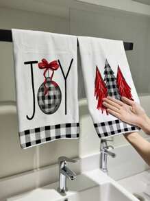 Two Pieces Christmas Kitchen Towel - Christmas JOY Christmas Tree Style Hat Design, 18X27.5 Inches, Polyester Fiber - Perfect For Vacation Home Decoration And Party Supplies Shower Towels For Beauty Salon, Hotel Sports,Home Essentials, Towel, Skin Care