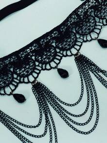 1pc Gothic Lace Leg Strap And Bracelet Retro Black Crystal Hollow Garter Strap Halloween Decoration Accessory - Black - View 9