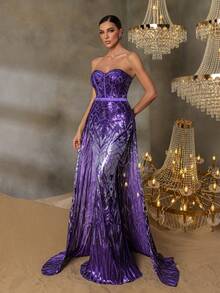 Faeriesty 亮片图案无肩带正式派对礼服，适合盛大晚宴、婚礼、庆典、红毯活动、正式宴会和颁奖典礼等场合。 - 紫色 - 查看 5