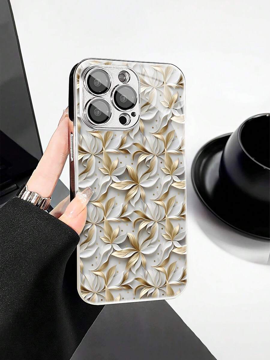 1pc Fashionable Floral Pattern Tempered Glass Material With Lens Film Electroplated Anti-Fall Scratch-Resistant Anti-Fingerprint TPU Full Edge Soft Phone Case Compatible With Apple Models - Multicolor - View 1