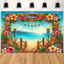 2D Flat Tropical Aloha Beach Backdrop, Hawaiian Tropical Party Decor With Tropical Flowers, Palm Leaves, Pineapple Patterns, Photo Booth, Wedding, Birthday, Luau Theme, Vacation Decor, No Assembly Required