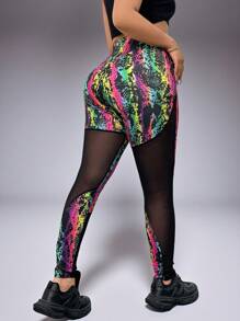 1 件女士加大码时尚性感高腰运动印花撞色网眼多功能户外骑行瑜伽紧身裤 - 黑色 - 查看 4