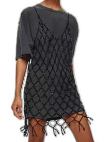 DEKUNER Beaded Backless Maxi Dress Design, Fashionable Hollow Out Crochet V-Neck Body Chain With Cute Bow, Versatile Women Gift - Black Long - View 4