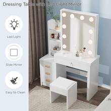 Dressing Table With Mirror And Lighting, Makeup Dressing Tables With 4 Drawers, 4 Open Shelves For Bedroom, Dressing Table Set With Lights And Stool 3 Concealed Shelves - White - View 7