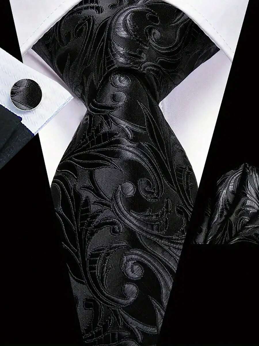 Men's Tie Set, Classic & Fashionable Tie Set Includes Cufflinks, Business & Party - Black - View 1