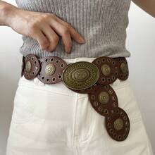 1pc Western Cowboy Bohemian Style Country Belt, Women's Fashion Accessory, Retro Bronze Floral Hollow Buckle Oval Belt Waist Chain, Bohemian Style Belt And Dress Accessory Halloween Valentine's Day Valentines - 棕色 2 - 查看 7
