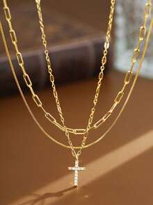 3pcs/Set Unique Layered Necklace, Indie Original Asymmetrical Chain & Copper Cross Pendant With Shiny Cubic Zirconia Multi-Layer Necklace, Suitable For Women's Daily Wear, Gift-Giving (Random Chain, Clasp & Bead Quantity) - Yellow Gold - View 2