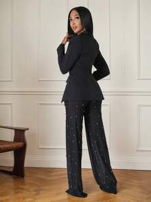 Women's Black Shawl Collar Blazer And Sheer Beaded Mesh Pants Suit Set With Buttons, Medium Stretch Regular Sleeve Formal Outfit,Black, White, Burgundy,Autumn/Winter Women's Christmas Set,Deep V-Neck Design,Evening Gown - Black - View 3