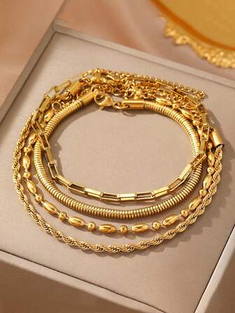 1 Set Vintage Stainless Steel Chunky Chain Bracelet Mixed Gold-Tone Jewelry Layered Bracelet Set, Suitable For Holiday Gifts