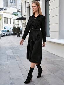 Women's Solid Color Long Sleeve Single-Breasted Pocket Casual Shirt Dress - Black - View 2