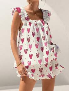 Womens Casual 2 Piece Outfits Sleeveless Graphic Print Ruffle Tank Tops + Shorts Set Streetwear - trắng - Xem 3