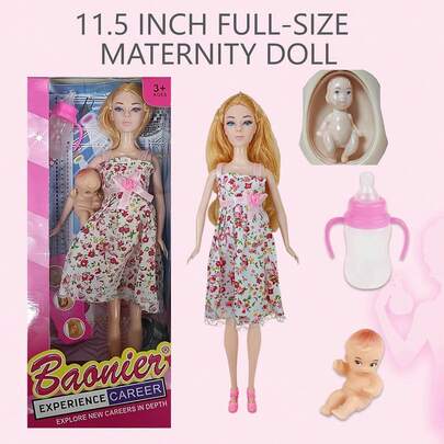 11.5英寸孕妇娃娃，拥有逼真的大肚子，内含婴儿、奶瓶和可更换的肚子形状，是一款早教娃娃，可用于角色扮演游戏，是送给女孩、母亲节、生日和节日的理想礼物。
