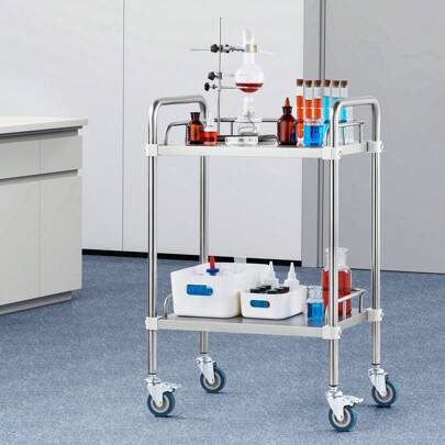 Lab Rolling Cart, 2-Shelf Stainless Steel Rolling Cart, Lab Serving Cart With Swivel Casters, Dental Utility Cart For Clinic, Lab,  Hospital, Salon, 15.16"X21.57"X34.06"