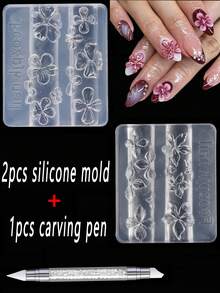 3件套3D亚克力花朵迷你硅胶美甲模具，浮雕花卉美甲饰品雕刻模板，凝胶指甲油模板，DIY美甲工具，2个硅胶模具+1支雕刻笔 - 無色 - 查看 7