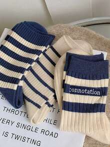 3 pares de calcetines casuales de media pantorrilla con patrón de letras acanalado azul para mujer, calcetines de otoño - Multicolor - Ver 2