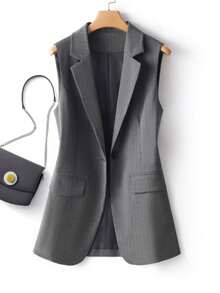 Women's Casual Loose Striped Vest Jacket, Single-Breasted, Suitable For Commuting, Spring/Autumn - Grey - View 1