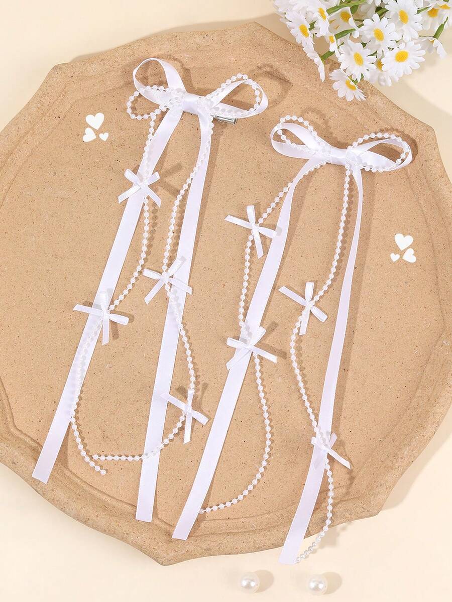 2件裝優雅緞帶蝴蝶結髮夾，珍珠鍊蝴蝶結鱷魚夾，長尾款，適合女孩，婚禮節日髮夾，可愛甜美髮夾，節慶禮物髮夾，兒童髮飾 - 白色 - 查看 1