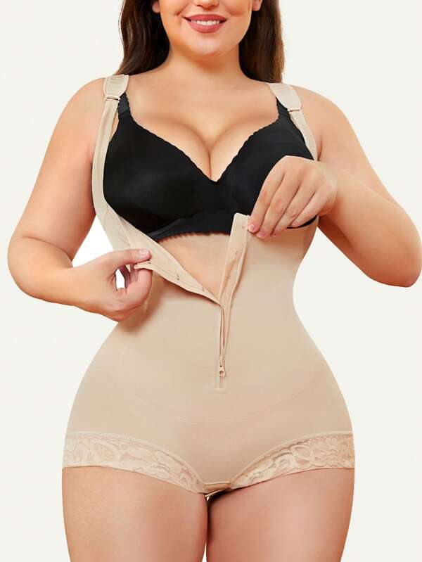 Women's U-Neck Front Zip Bodysuit, Adjustable Straps, Crotch Button Design, Suitable For Everyday Wear