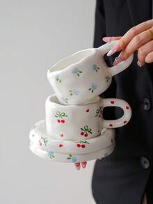 1 Set Floral Ceramic Coffee Cup & Saucer Set, Large Capacity Hand-Painted Ceramic Cup With Coaster, Heart/Flower Pattern, Vintage Style Coffee/Afternoon Tea Dinnerware, Suitable For Spring Brunch, Country Gathering, Women, Commercial Use, And Gifting - Multicolor - View 6
