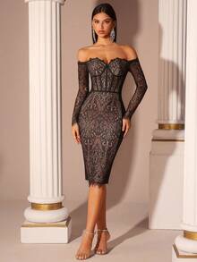 Women's Elegant Lace Sweetheart Neck Off Shoulder Long Sleeve Backless Bandage Cocktail Party Dress