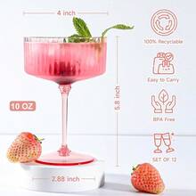 24 Pcs Detachable Martini Glasses 10oz Plasitc Pink Ribbed Coupe Glasses Gold Rim With Pink Stem Vintage Cocktail Glassware Set Unique Martini Glass For Champagne Wine Wedding Anniversary Bar - 羅紋粉紅色 - 查看 2