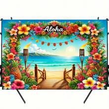 2D Flat Tropical Aloha Beach Backdrop, Hawaiian Tropical Party Decor With Tropical Flowers, Palm Leaves, Pineapple Patterns, Photo Booth, Wedding, Birthday, Luau Theme, Vacation Decor, No Assembly Required