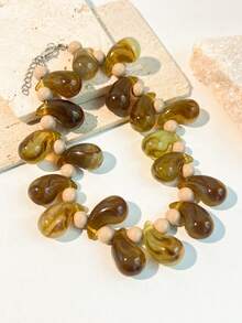 1pc Large Water Drop Bead Necklace, Bohemian Vintage Geometric Design, Handmade Textured Big Bead Necklace For Women, Versatile Accessory Suitable For Beach, Travel, Festivals