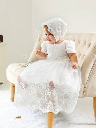 Infant Baby Girls 0-2 Years White Long Christening Dress With Short Sleeve Lace Tulle Skirt And Hat