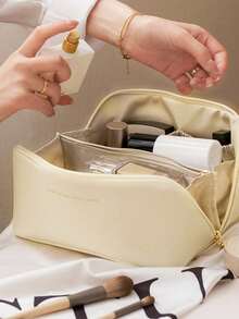 Geantă de machiaj portabilă pentru călătorie, geantă de mână impermeabilă din PU, geantă multifuncțională de depozitare a instrumentelor cosmetice pentru femei, geantă de toaletă multifuncțională pentru călătorie, potrivită pentru cosmetice, instrumente de machiaj, articole de toaletă, potrivită pentru călătorii, călătorii de afaceri, depozitare la birou și acasă/cămin, cadou excelent pentru femei, cadou de sărbători - Bej - Vizualizare 3