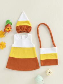 Girls Halloween Costume Set Sleeveless O Neck Striped Dress Hat Shoulder Bag For Party Cosplay