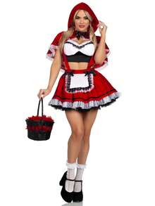 Awevudst Womens Women's Gothic Red Riding Hood Costume Halloween Costume For Adult Red Hooded Cape + Bows Lace Ruffled Trim Short Sleeve Tube Tops + Suspender Dress 3Piece Set - Đỏ - Xem 1