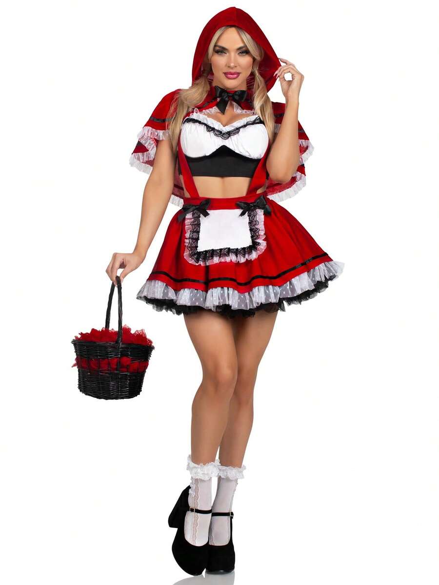 Awevudst Womens Women's Gothic Red Riding Hood Costume Halloween Costume For Adult Red Hooded Cape + Bows Lace Ruffled Trim Short Sleeve Tube Tops + Suspender Dress 3Piece Set - Đỏ - Xem 1