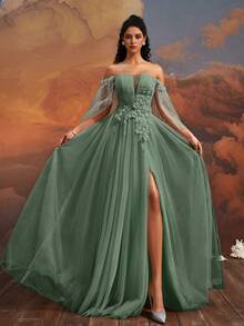 VIPGIRL Off-Shoulder Green Sheer Evening Gown, Decorated With Floral Appliques, Romantic Formal Dress, Fairy Princess Formal Gown, High Slit Dress, Garden Wedding Guest Dress, Elegant A-Line Sheer Dress - Green - View 4
