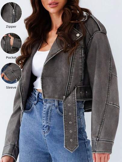 Women's Faux Leather Jacket Long Sleeve Zip Crop Biker Jacket