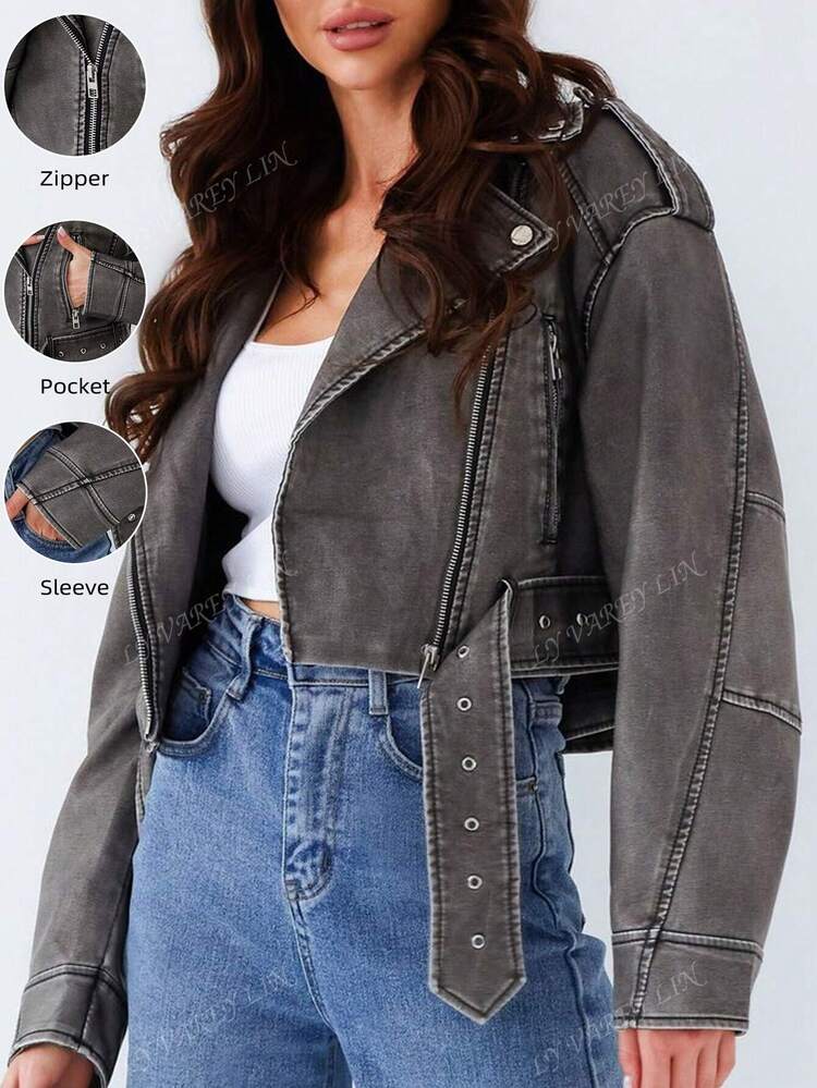 Women's Faux Leather Jacket Long Sleeve Zip Crop Biker