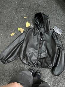 Men's Long Sleeve Fashion Loose Short Hooded PU Leather Jacket, Grunge, Fall/Winter