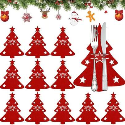 1/5/12 قطعة - طقم ديكور أدوات المائدة من الشعر الاصطناعي بتصميم شجرة الميلاد، إطار أدوات المائدة بشكل شجرة الميلاد، حقيبة ملاعق من الشعر الاصطناعي، ديكور طاولة الميلاد، بنمط شجرة الميلاد، مناسب للمطاعم العائلية، وليمة الميلاد، التجمعات العائلية، الحفلات، اكسسوارات وليمة العطلات، ديكور بموضوع العطلات