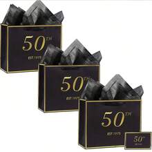 1set/3sets/5sets,Black And Pink 50th Birthday Gift Bag With Card And Tissue Paper For Men Women, Elegant Black Gold Anniversary Keepsake Party Present Shopping Paper Bags For Gifts Wrapping