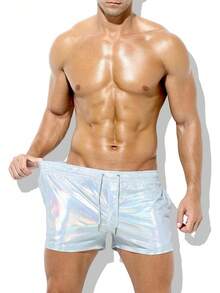 Men's Holographic Metallic Short Sparkly Shiny Short Pants Rave Outfit Hot Shorts With Pockets And Drawstrings - A1-銀色-ck3118 - 查看 4