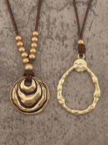 1 pieza Collar largo con colgante de disco ondulado de aleación dorada de estilo minimalista y elegante, collar gargantilla único con cuentas, adecuado para uso diario y como regalo para novia/novio - Cuerda de cera - Ver 1