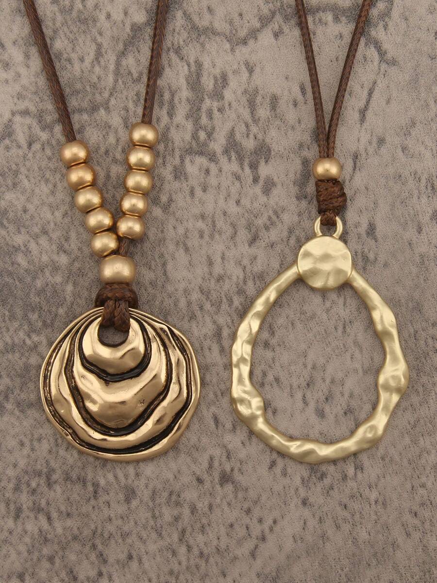 1 pieza Collar largo con colgante de disco ondulado de aleación dorada de estilo minimalista y elegante, collar gargantilla único con cuentas, adecuado para uso diario y como regalo para novia/novio - Cuerda de cera - Ver 1